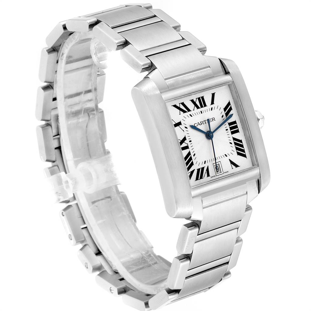 The image shows a Cartier Tank Française watch from a three-quarter angle, featuring its stainless steel bracelet and rectangular face.
