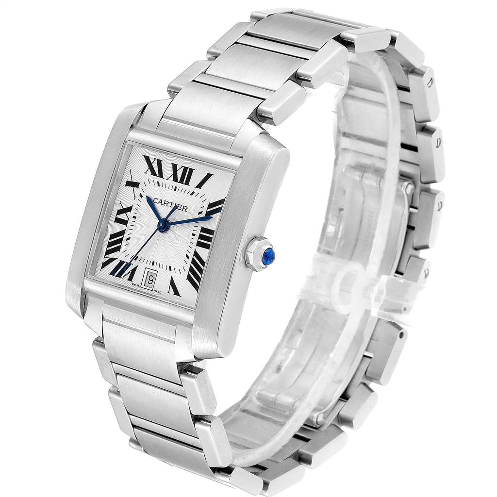 The image shows a Cartier Tank Francaise W51002Q3 Stainless Steel Silver Dial W51002Q3 Stainless Steel Silver Dial watch angled to display its face, bracelet, and crown.