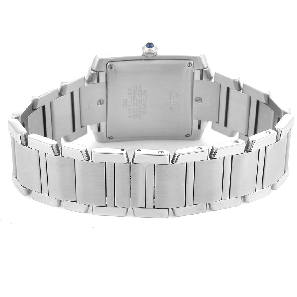 The image shows the back view of a Cartier Tank Francaise W51002Q3 Stainless Steel Silver Dial W51002Q3 Stainless Steel Silver Dial watch, highlighting the clasp and stainless steel bracelet.