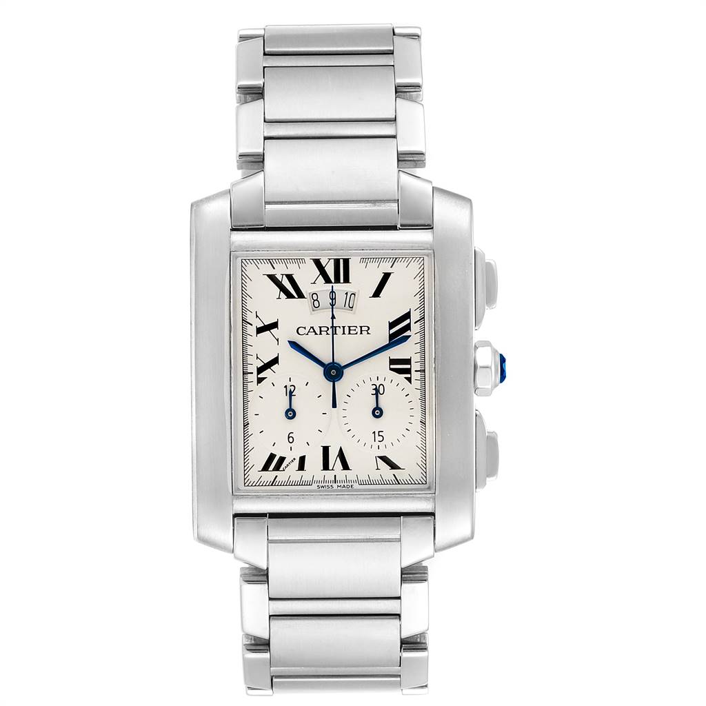 The image shows a front view of the Cartier Tank Francaise W51024Q3 Men's Stainless Steel Silver Dial W51024Q3 Men's Stainless Steel Silver Dial watch, highlighting the face, bracelet, and side pushers.