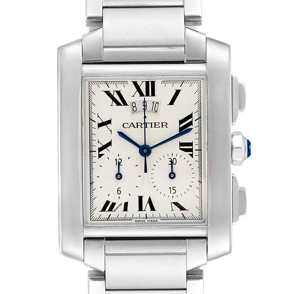 The image shows a frontal view of a Cartier Tank Française watch, including the face, dial, and part of the bracelet.