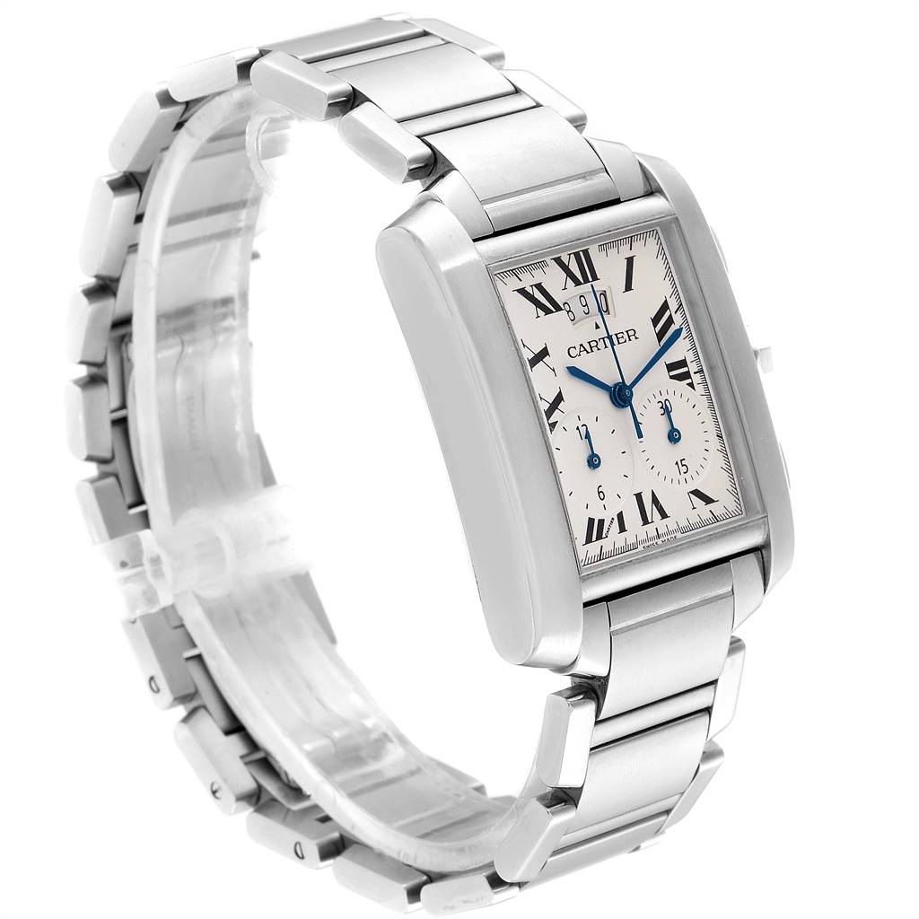 This image shows a Cartier Tank Française watch at a slight angle, highlighting its stainless steel bracelet and rectangular dial with Roman numerals.