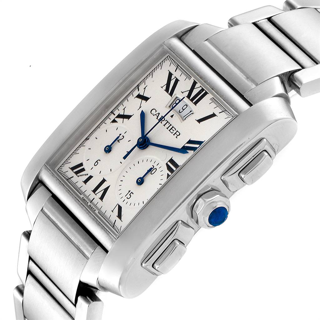 The image shows a close-up angled view of the Cartier Tank Francaise W51024Q3 Men's Stainless Steel Silver Dial W51024Q3 Men's Stainless Steel Silver Dial watch highlighting the crown, dial, sub-dials, and bracelet.