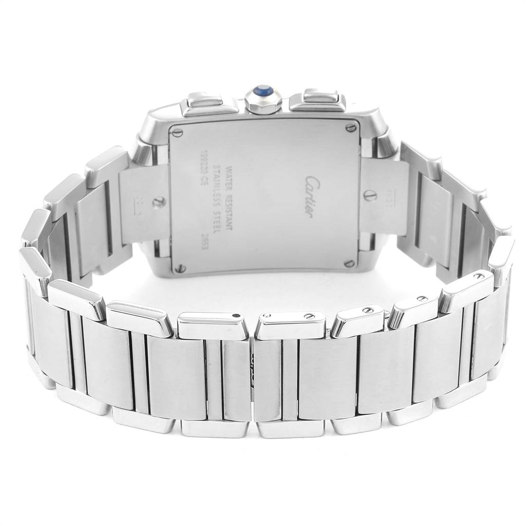 The image shows the back case and stainless steel bracelet of the Cartier Tank Francaise W51024Q3 Men's Stainless Steel Silver Dial W51024Q3 Men's Stainless Steel Silver Dial watch from a rear angle.