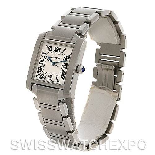 The image shows a silver Cartier Tank Française watch angled to display the face, crown, and full bracelet.