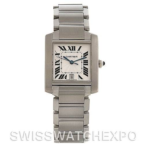 The image shows a front view of a Cartier Tank Francaise W51002Q3 Stainless Steel Silver Dial W51002Q3 Stainless Steel Silver Dial watch, displaying its face, bracelet, and crown.