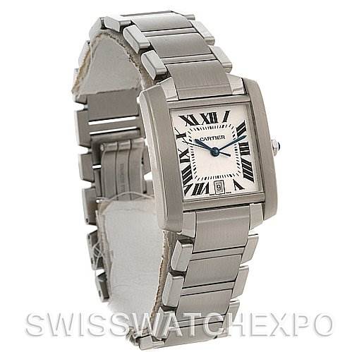 This image shows a Cartier Tank Francaise W51002Q3 Stainless Steel Silver Dial W51002Q3 Stainless Steel Silver Dial watch at a three-quarter angle, highlighting the face, bracelet, and clasp.