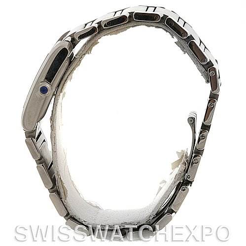 The image shows a Cartier Tank Francaise W51002Q3 Stainless Steel Silver Dial W51002Q3 Stainless Steel Silver Dial watch from a side angle, highlighting the bracelet and case side with a visible blue cabochon crown.