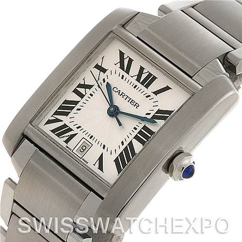 The image shows a tilted angle of a Cartier Tank Francaise W51002Q3 Stainless Steel Silver Dial W51002Q3 Stainless Steel Silver Dial watch, highlighting the face, bracelet, crown, and date window.