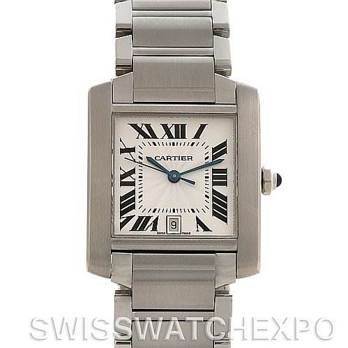 The image shows a full frontal view of the Cartier Tank Francaise W51002Q3 Stainless Steel Silver Dial W51002Q3 Stainless Steel Silver Dial watch, displaying the face, bezel, crown, and part of the bracelet.