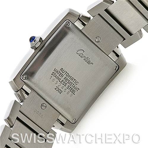 The image shows the back case and part of the bracelet of the Cartier Tank Francaise W51002Q3 Stainless Steel Silver Dial W51002Q3 Stainless Steel Silver Dial watch.