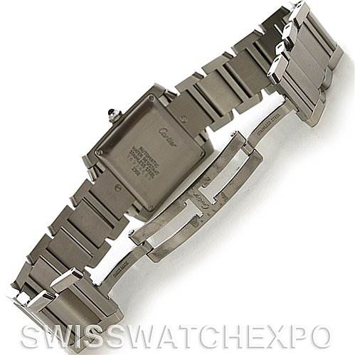 This image shows the back and bracelet of a Cartier Tank Francaise W51002Q3 Stainless Steel Silver Dial W51002Q3 Stainless Steel Silver Dial watch, including the clasp and case back details.
