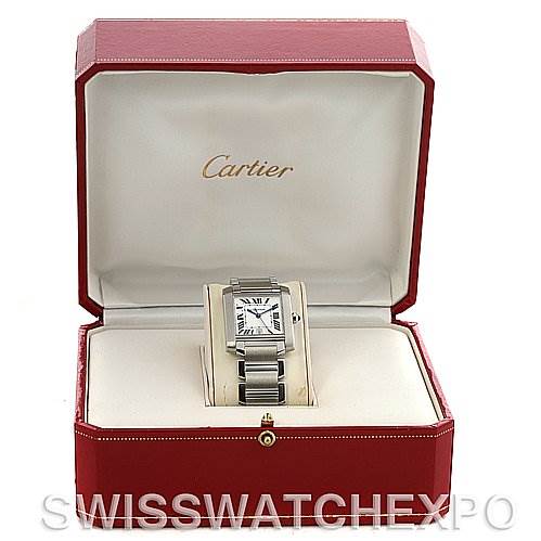 The image shows a Cartier Tank Française watch displayed inside an open red Cartier box.