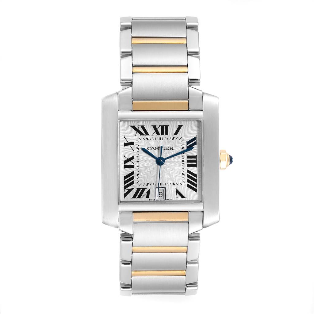 This image shows a front view of the Cartier Tank Francaise W51005Q4 Men's Steel and Gold (two tone) Silver Dial W51005Q4 Men's Steel and Gold (two tone) Silver Dial watch, displaying the face, bracelet, and crown.