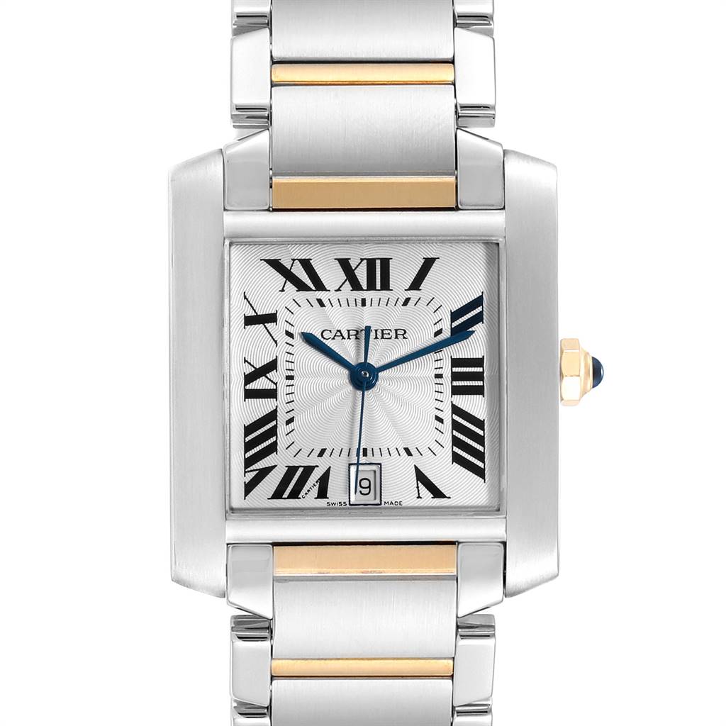 This image shows a front view of a Cartier Tank Française watch, highlighting the dial, Roman numerals, date window, and metal bracelet.