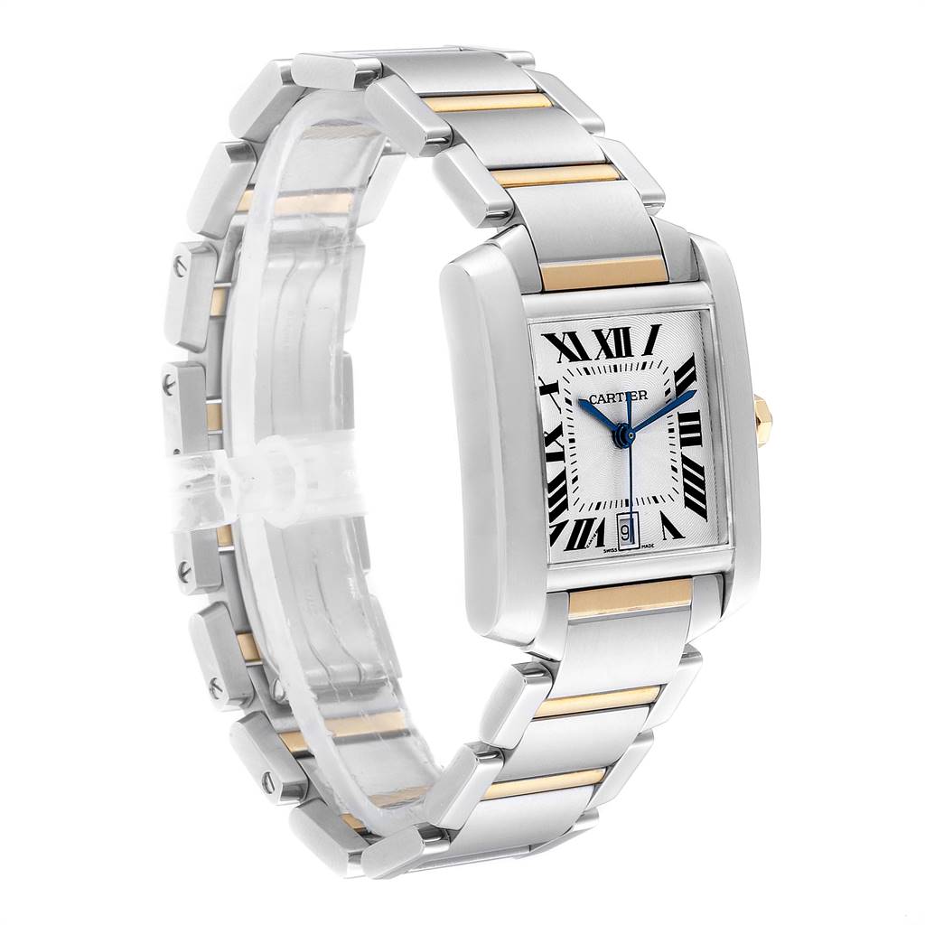 The image shows a Cartier Tank Francaise W51005Q4 Men's Steel and Gold (two tone) Silver Dial W51005Q4 Men's Steel and Gold (two tone) Silver Dial watch at a three-quarter angle, highlighting the face and bracelet.