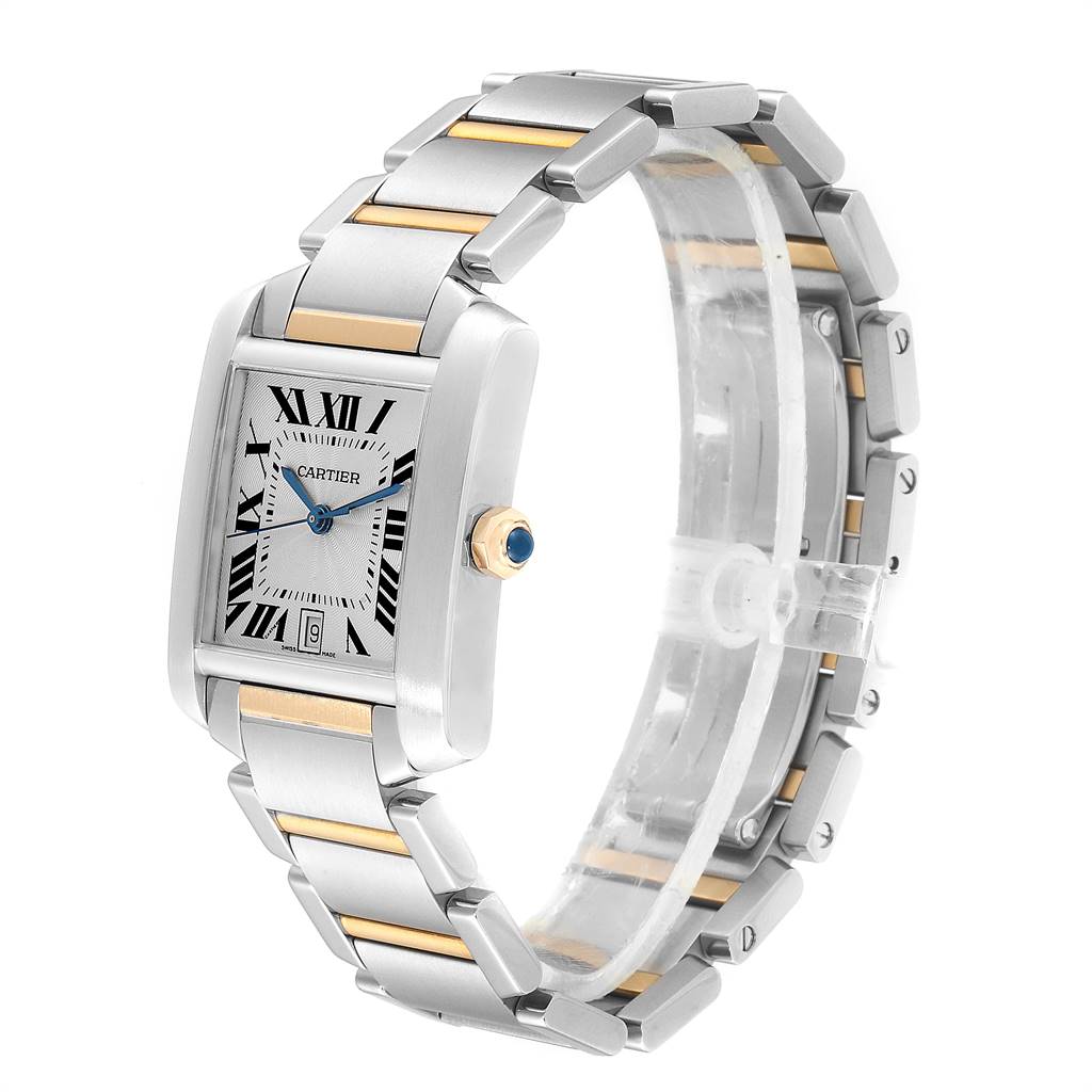 The image shows a side-angled view of a Cartier Tank Française watch, highlighting the bracelet, dial, and crown.