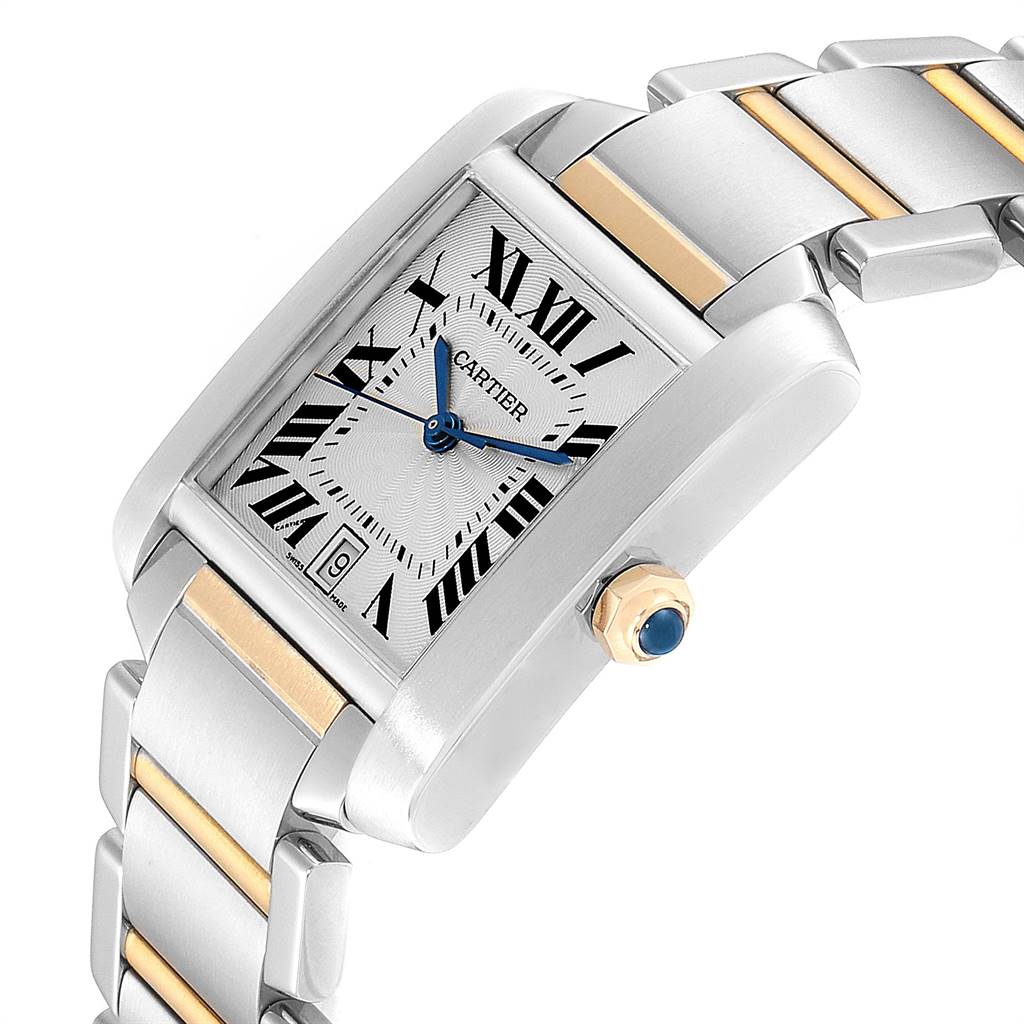 The image shows a close-up of the dial and part of the bracelet of the Cartier Tank Française watch, angled to highlight its design.