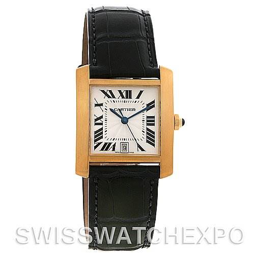 The image shows a front view of a Cartier Tank Francaise W5000156 Yellow Gold Silver Dial W5000156 Yellow Gold Silver Dial watch, highlighting its square face, Roman numerals, and dark leather strap.