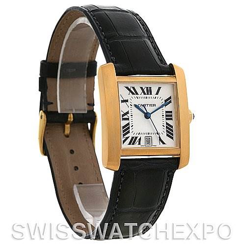 The image shows a Cartier Tank Française watch at a three-quarter angle, highlighting its gold case, Roman numeral dial, and black leather strap.