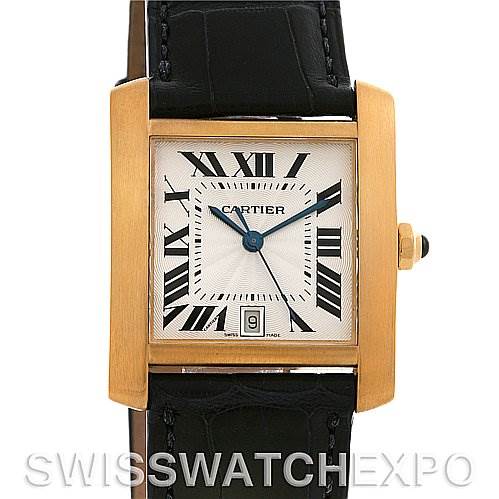 This image shows a frontal view of the Cartier Tank Francaise W5000156 Yellow Gold Silver Dial W5000156 Yellow Gold Silver Dial watch with a square gold bezel, Roman numeral markers, and a black leather strap.