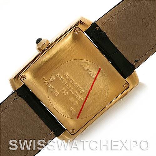 The image shows the back of a Cartier Tank Francaise W5000156 Yellow Gold Silver Dial W5000156 Yellow Gold Silver Dial watch, highlighting its case back and strap attachments.
