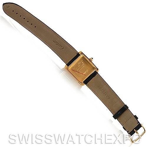 This image shows the back view of a Cartier Tank Française watch, highlighting the leather strap and case back.