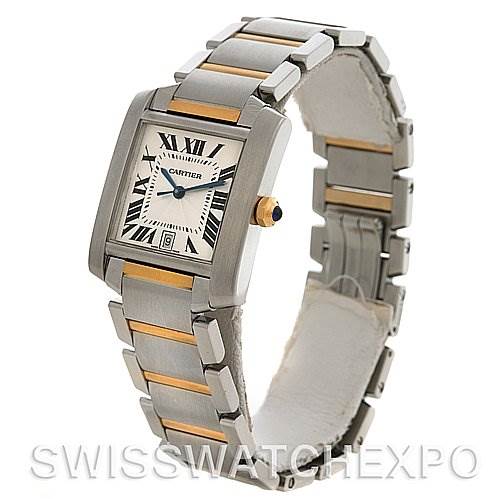 The image shows a Cartier Tank Francaise W51005Q4 Steel and Gold (two tone) Silver Dial W51005Q4 Steel and Gold (two tone) Silver Dial watch at a three-quarter angle, highlighting its two-tone bracelet and rectangular face.
