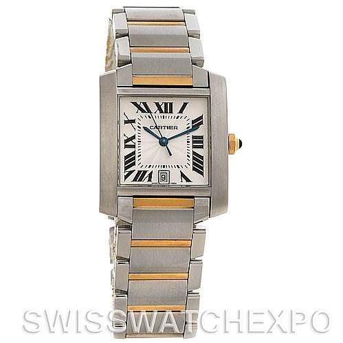This image shows a front view of the Cartier Tank Francaise W51005Q4 Steel and Gold (two tone) Silver Dial W51005Q4 Steel and Gold (two tone) Silver Dial watch, displaying its face, bracelet, and case.