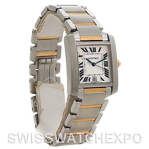 This image shows a Cartier Tank Francaise W51005Q4 Steel and Gold (two tone) Silver Dial W51005Q4 Steel and Gold (two tone) Silver Dial watch at a three-quarter angle, highlighting its rectangular face and metal link band.