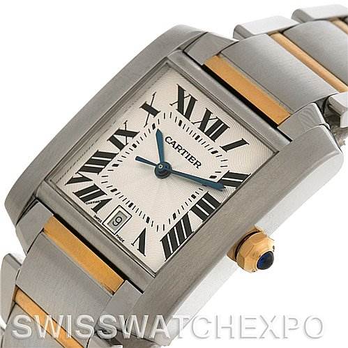 The image shows a close-up of the Cartier Tank Francaise W51005Q4 Steel and Gold (two tone) Silver Dial W51005Q4 Steel and Gold (two tone) Silver Dial watch, highlighting its rectangular face, bracelet, and a side view of the crown.