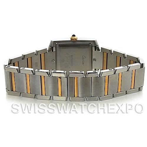 The image shows the back and bracelet of a Cartier Tank Francaise W51005Q4 Steel and Gold (two tone) Silver Dial W51005Q4 Steel and Gold (two tone) Silver Dial watch at a slightly elevated rear angle.