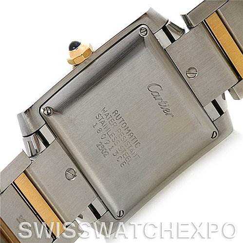 The image shows the back of the Cartier Tank Francaise W51005Q4 Steel and Gold (two tone) Silver Dial W51005Q4 Steel and Gold (two tone) Silver Dial watch, highlighting its case back and part of the bracelet.