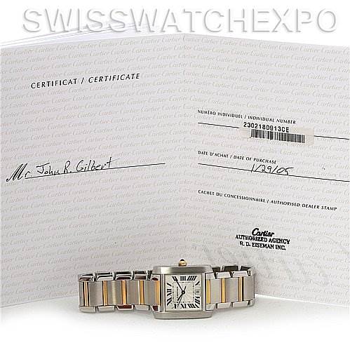The image shows a Cartier Tank Francaise W51005Q4 Steel and Gold (two tone) Silver Dial W51005Q4 Steel and Gold (two tone) Silver Dial watch and its certificate, displayed from a top-down angle.