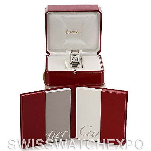 The image shows a Cartier Tank Francaise W51005Q4 Steel and Gold (two tone) Silver Dial W51005Q4 Steel and Gold (two tone) Silver Dial watch displayed in an open box with two manuals in front.