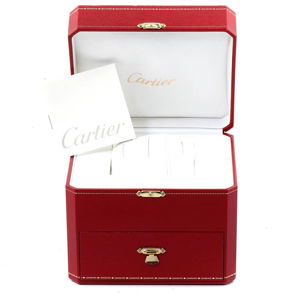 This image shows an open red Cartier box with Cartier branding, likely designed for a Tank Française watch, with accompanying booklets.