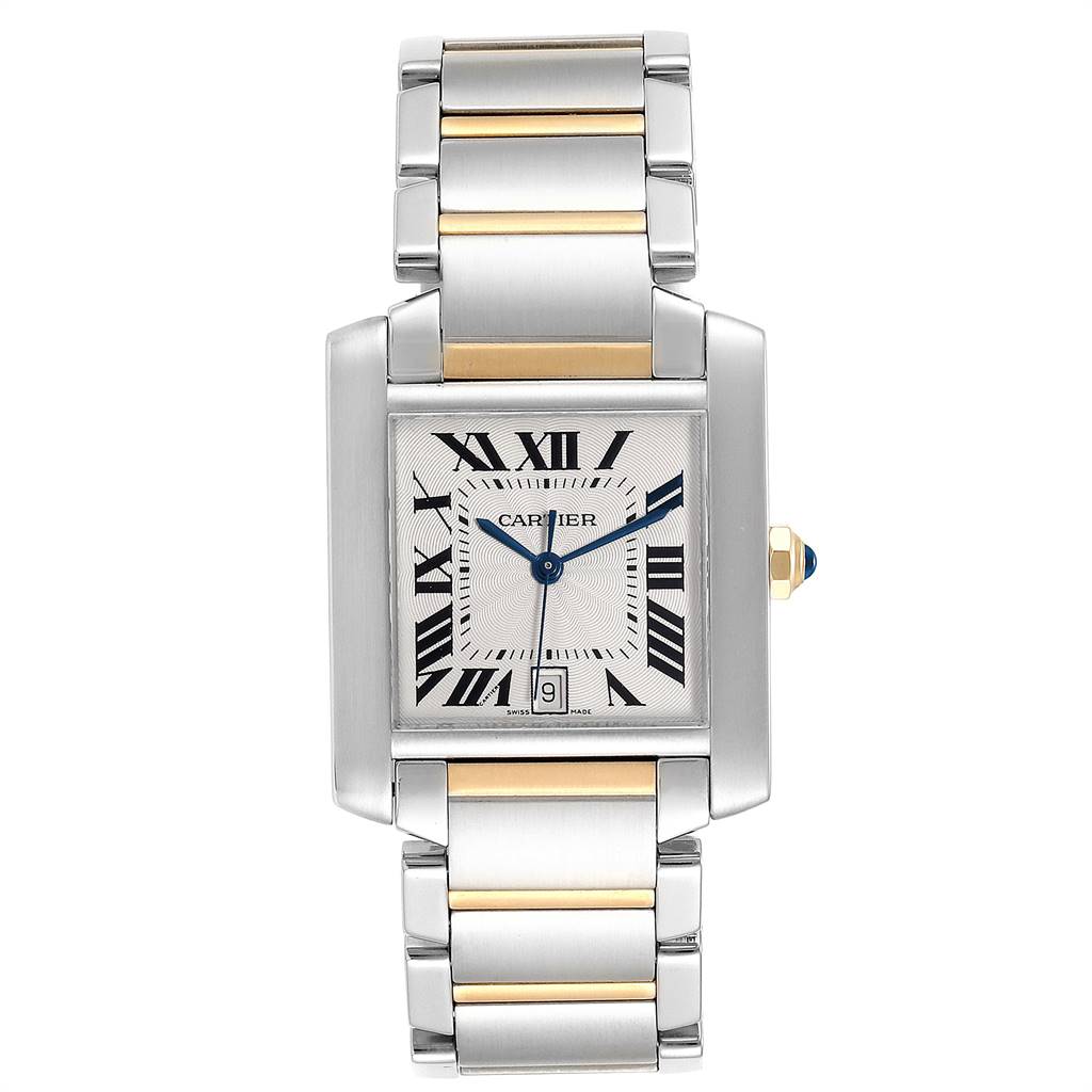 The image shows a front view of a Cartier Tank Francaise W51005Q4 Men's Steel and Gold (two tone) Silver Dial W51005Q4 Men's Steel and Gold (two tone) Silver Dial watch with a dual-tone metal bracelet and Roman numeral dial.