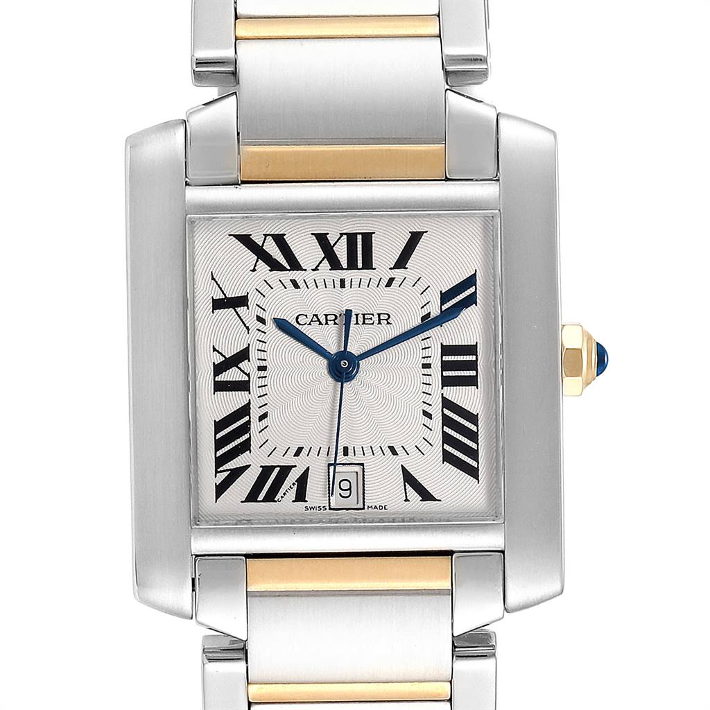 This is a front view of the Cartier Tank Francaise W51005Q4 Men's Steel and Gold (two tone) Silver Dial W51005Q4 Men's Steel and Gold (two tone) Silver Dial watch, showing the face, bracelet, and crown with blue cabochon.