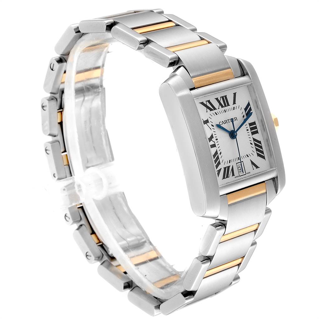 This image shows the Cartier Tank Française watch at a three-quarter angle, highlighting the face, bracelet, and crown.