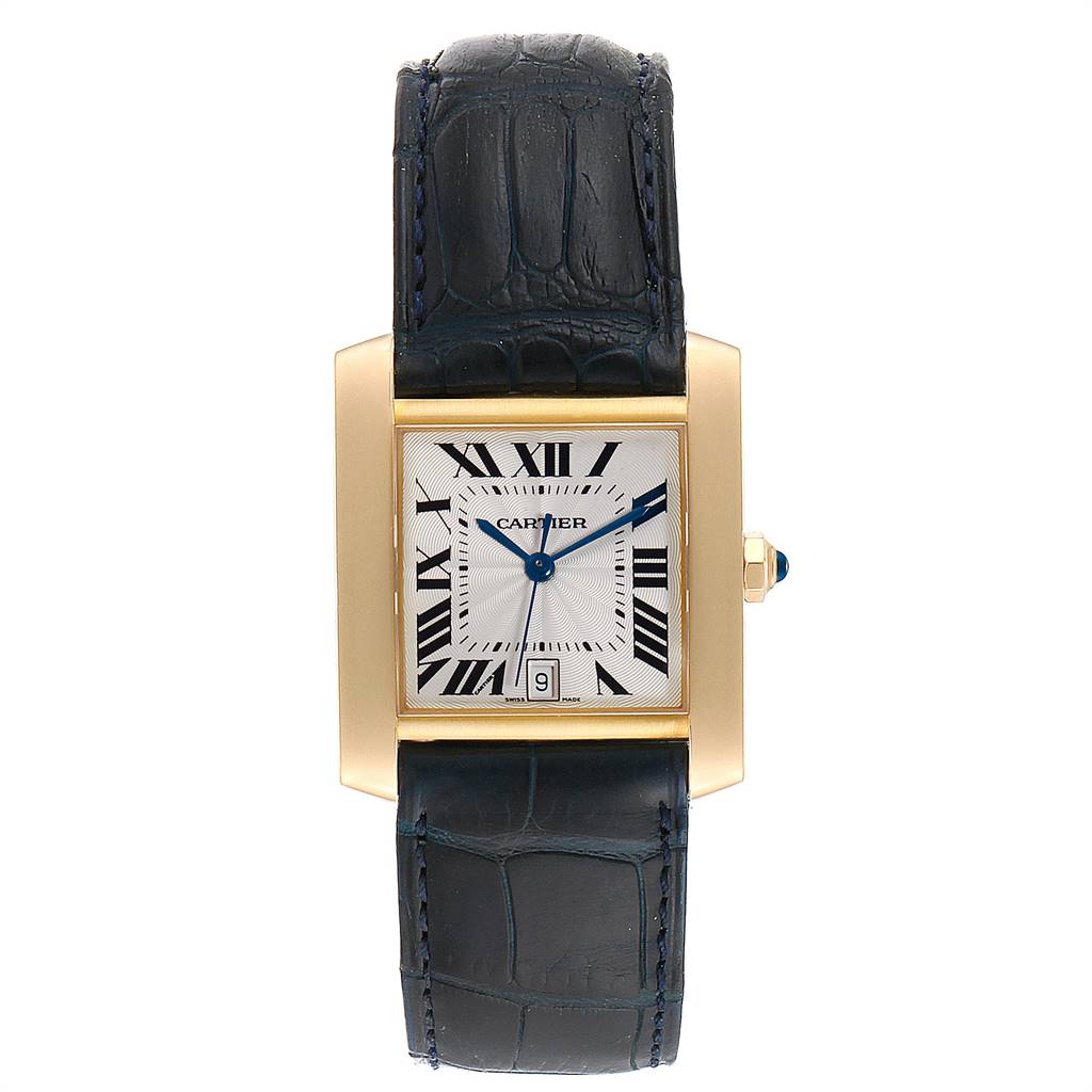 The Cartier Tank Française watch is displayed from the front, showcasing its dial, gold case, and black leather strap.