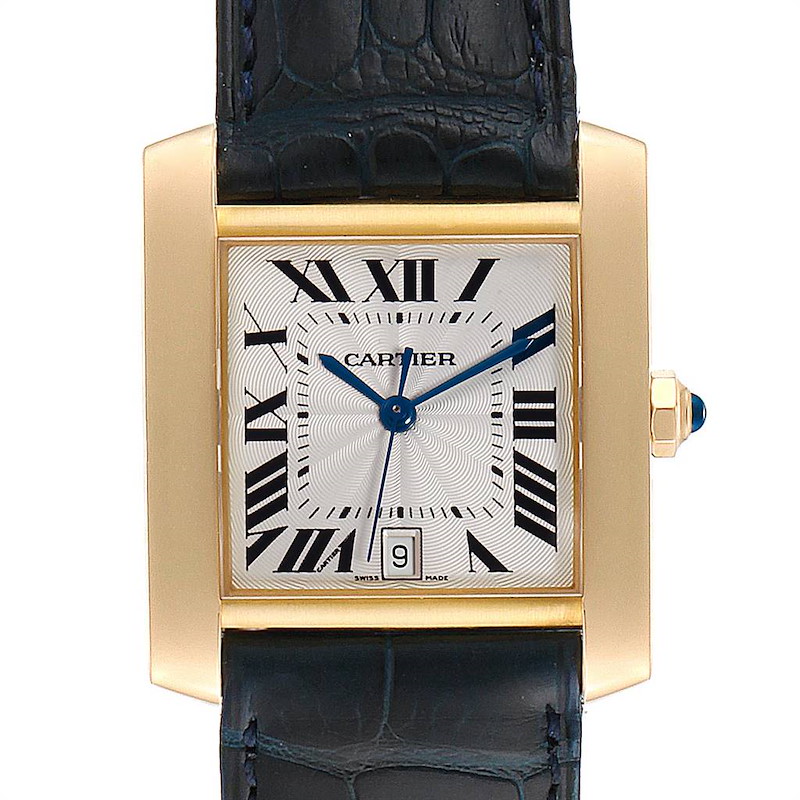 Cartier Tank Francaise Yellow Gold Black Strap Mens Watch W5000156 SwissWatchExpo
