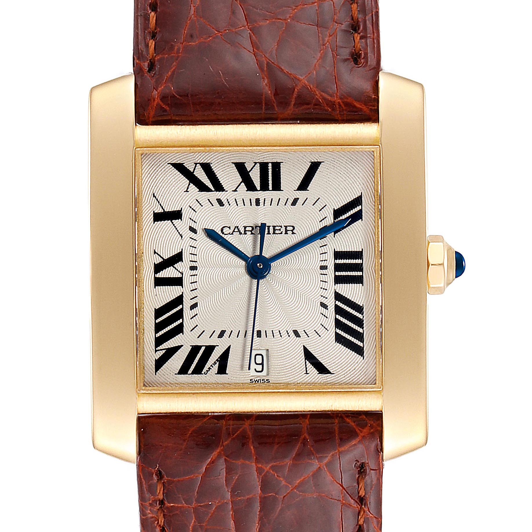 The image shows the front view of a Cartier Tank Francaise W5000156 Men's Yellow Gold Silver Dial W5000156 Men's Yellow Gold Silver Dial watch featuring its dial, case, and leather strap.