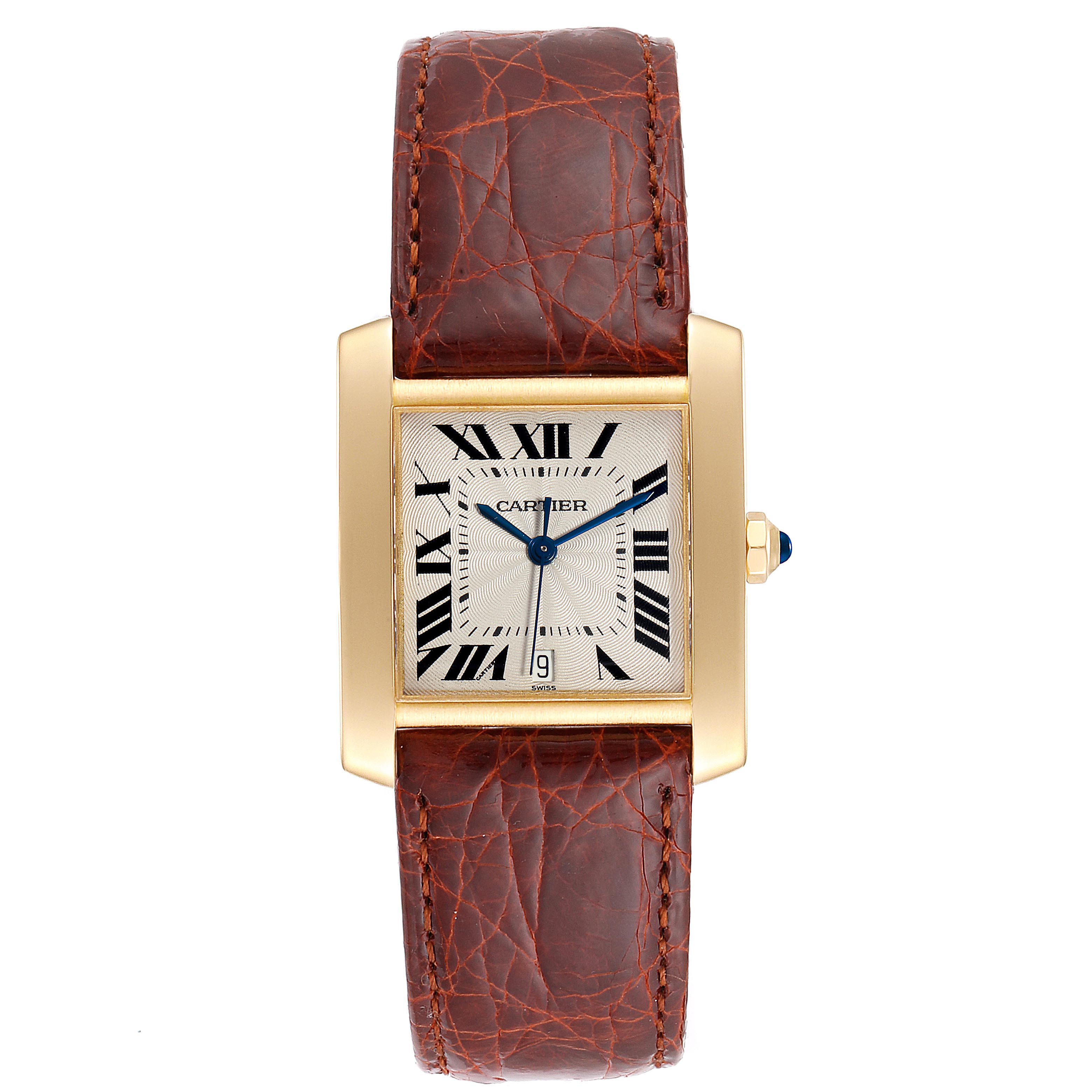 The image shows a Cartier Tank Francaise W5000156 Men's Yellow Gold Silver Dial W5000156 Men's Yellow Gold Silver Dial watch from a top-down angle, highlighting the face, bezel, and leather strap.