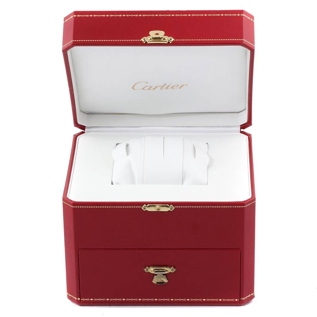 The image shows a red Cartier box with an open lid, designed for the Tank Francaise watch model.