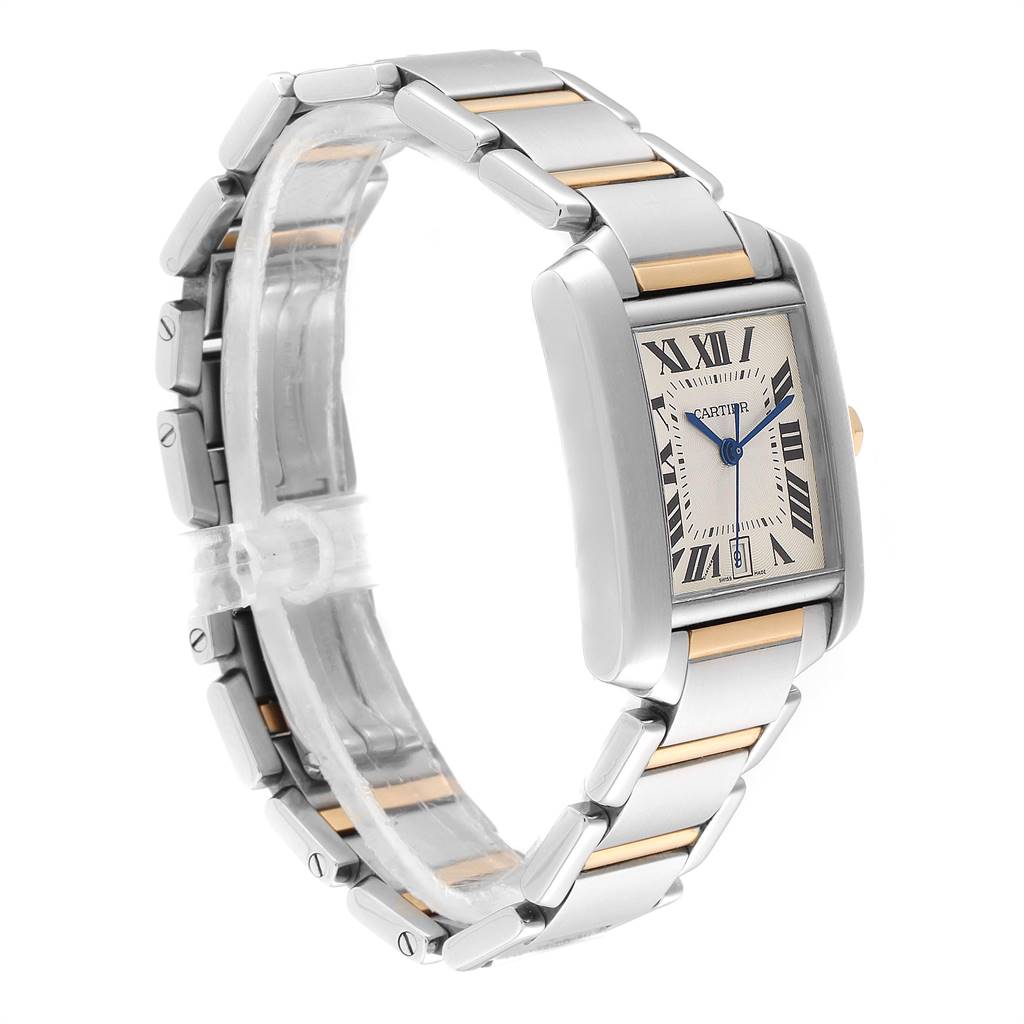 The Cartier Tank Francaise W51005Q4 Men's Steel and Gold (two tone) Silver Dial W51005Q4 Men's Steel and Gold (two tone) Silver Dial watch is shown at a three-quarter angle, displaying its rectangular face and metal bracelet.