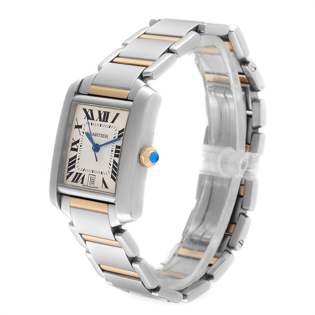 The Cartier Tank Francaise W51005Q4 Men's Steel and Gold (two tone) Silver Dial W51005Q4 Men's Steel and Gold (two tone) Silver Dial watch is shown at a three-quarter angle, highlighting its face, strap, and crown.