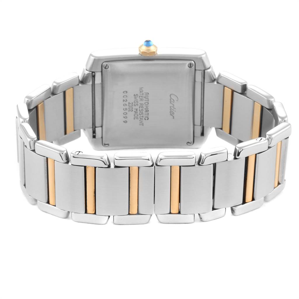 The image shows the back view and bracelet of a Cartier Tank Francaise W51005Q4 Men's Steel and Gold (two tone) Silver Dial W51005Q4 Men's Steel and Gold (two tone) Silver Dial watch.