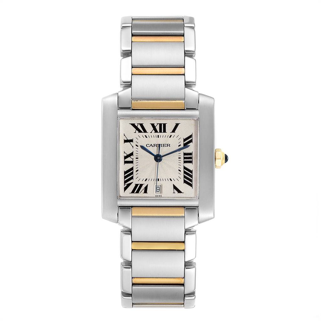 The image shows a front view of the Cartier Tank Francaise W51005Q4 Men's Steel and Gold (two tone) Silver Dial W51005Q4 Men's Steel and Gold (two tone) Silver Dial watch, highlighting its rectangular face, metal bracelet, and Roman numeral dial.