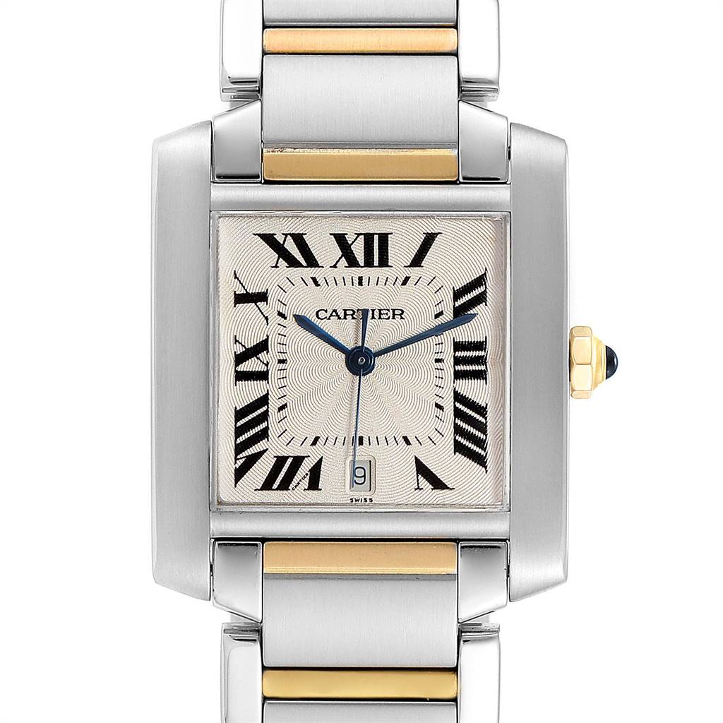 The Cartier Tank Française watch is shown from a straight-on angle, highlighting its face, bracelet, and crown.