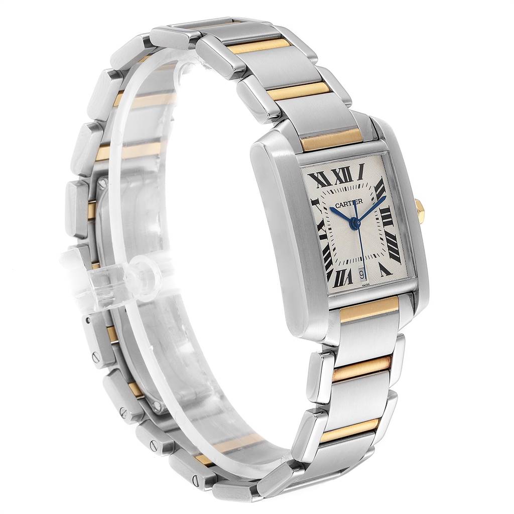 This Tank Française by Cartier is shown at a three-quarter angle, highlighting its rectangular face and two-tone bracelet.